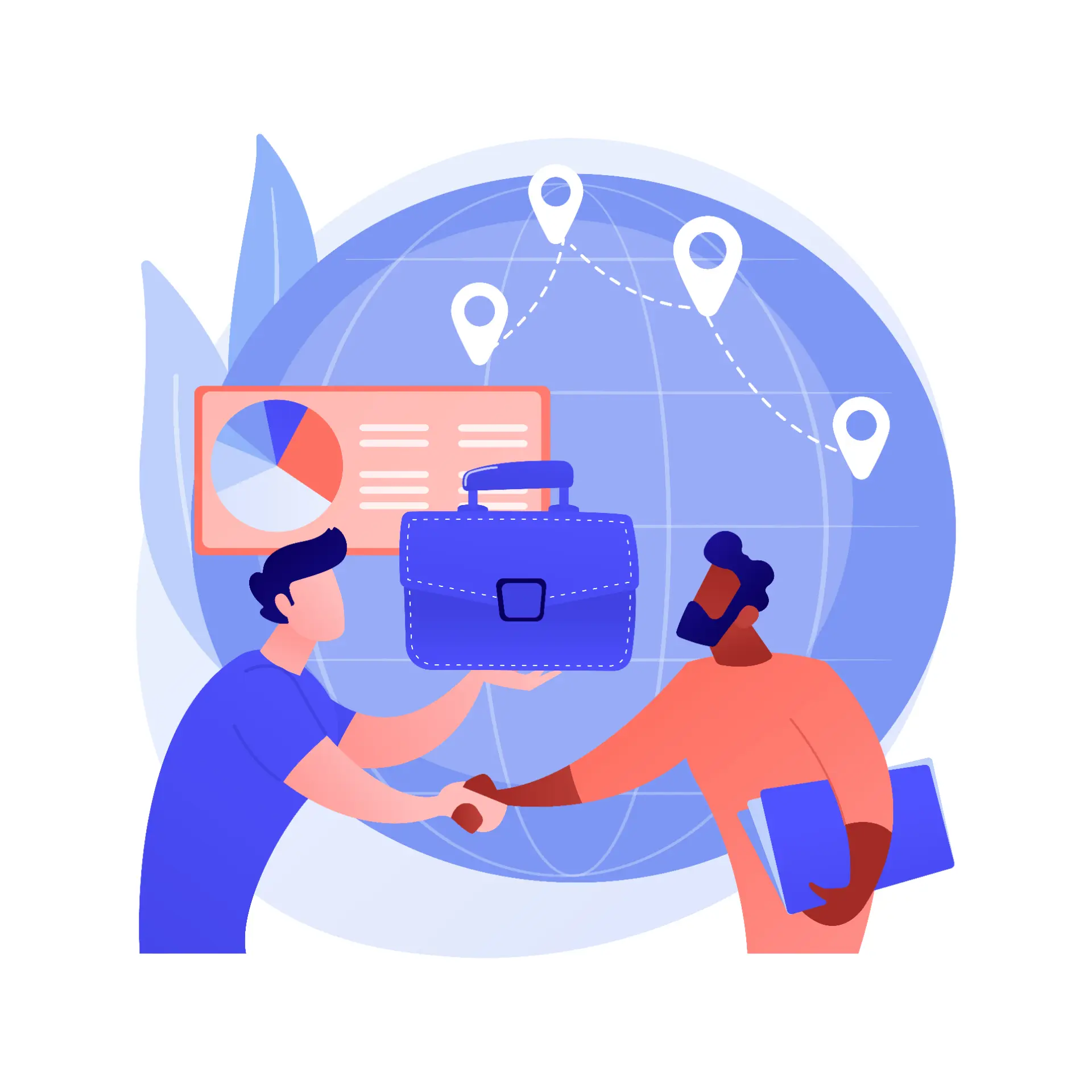 Two people shaking hands over a globe and charts, illustrating measurement and handover